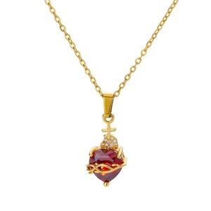 Golden Toned Stainless Steel Red Heart Necklace with Zircon Detailing